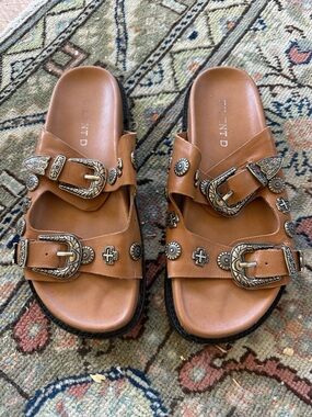 gentle souls Brown Leather Double Buckle Slide Sandals with Concho Hardware